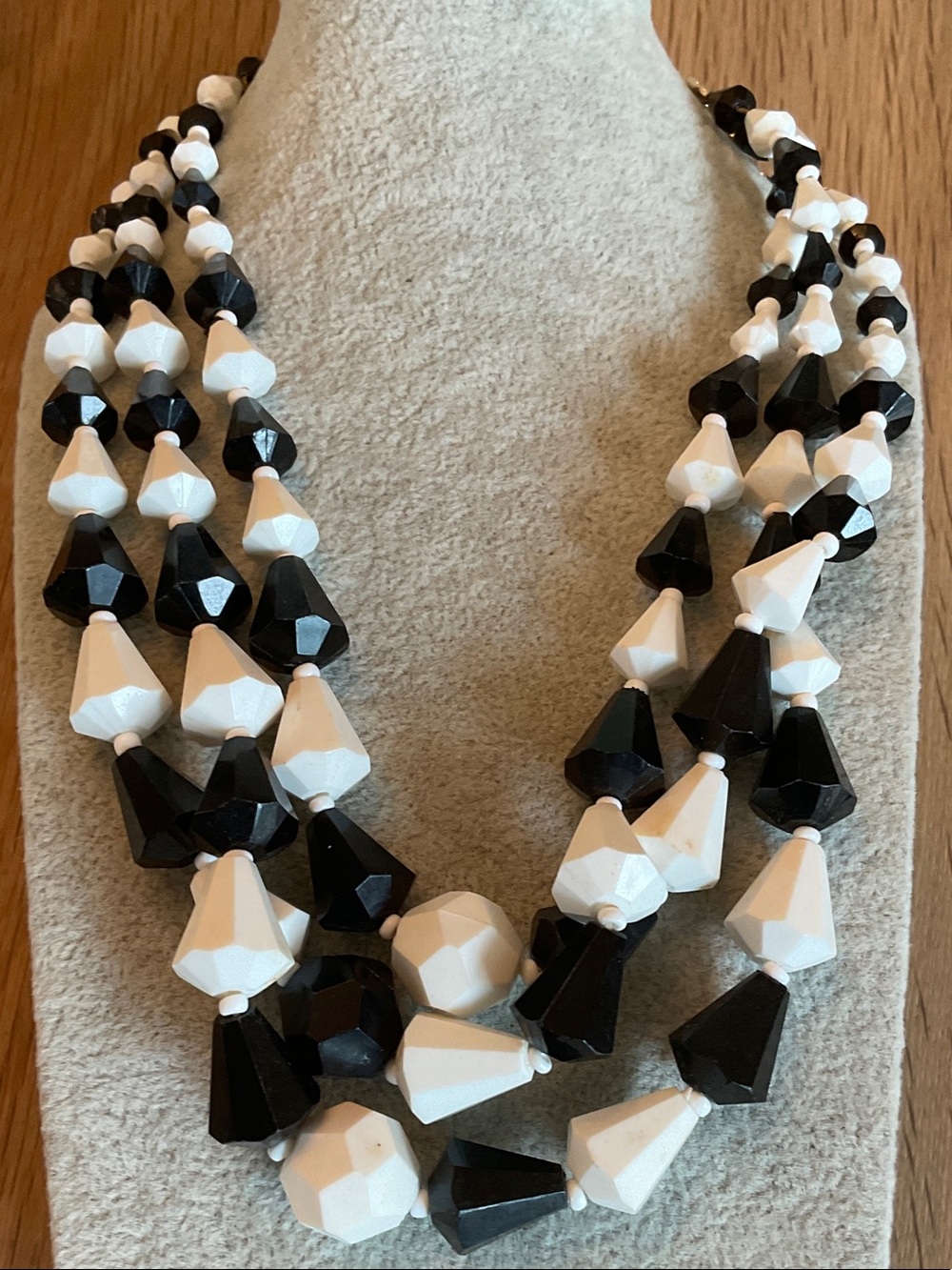 West Germany Signed Multi-strand Black And White Plastic Molded Bead Necklace